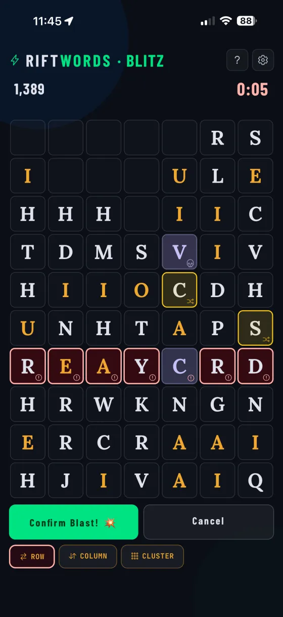RiftWords Blitz mode with 5 seconds remaining, score 1,389, and the row-blast power-up panel open showing seven coral volatile tiles ready to detonate. Confirm Blast button in green.