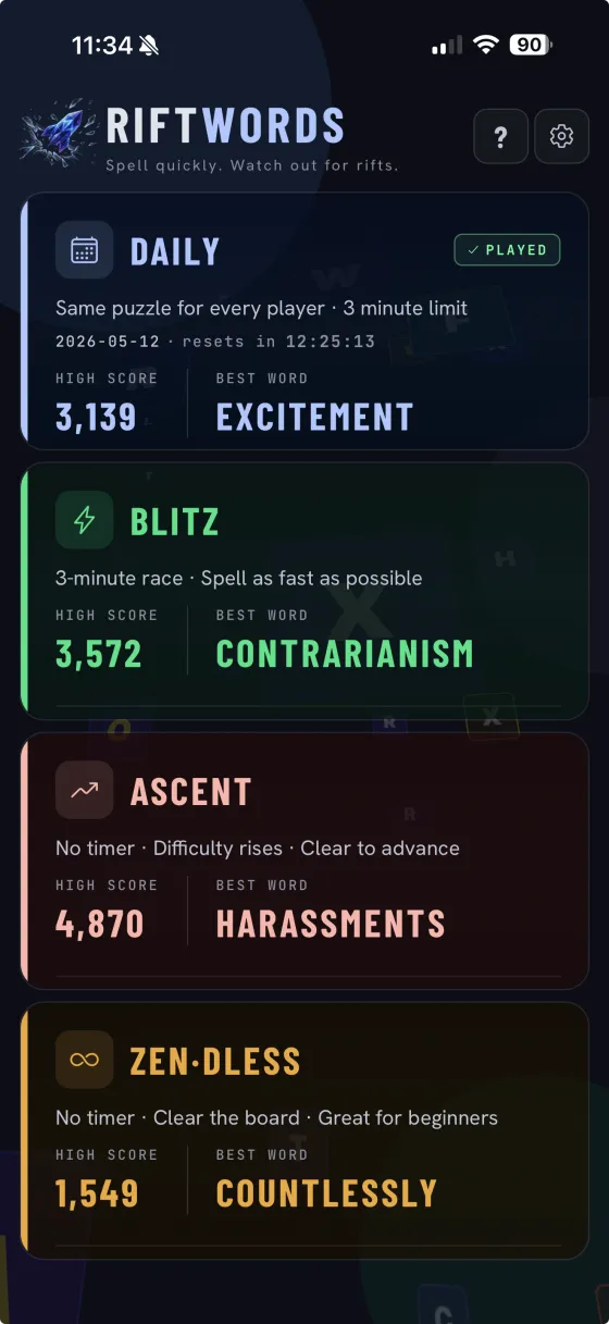 RiftWords mode select screen. Four modes listed with high scores and best words: Daily (3,139 · EXCITEMENT, Played), Blitz (3,572 · CONTRARIANISM), Ascent (4,870 · HARASSMENTS), Zen-dless (1,549 · COUNTLESSLY).