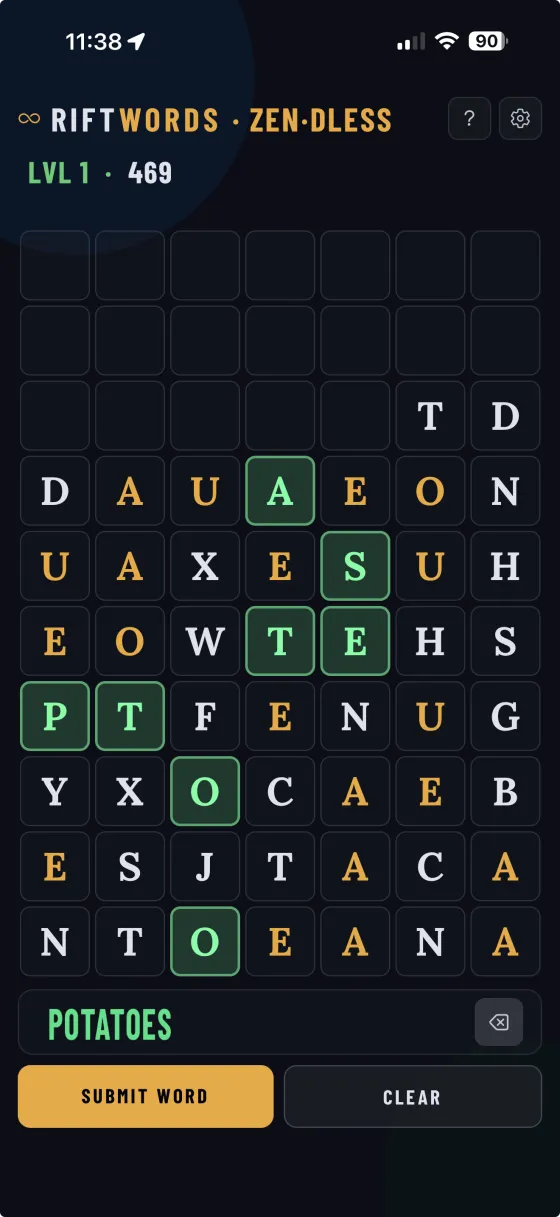 RiftWords Zen-dless mode, Level 1, score 469. POTATOES highlighted in green. The top three rows of the grid are empty · the board is being cleared from the top down.